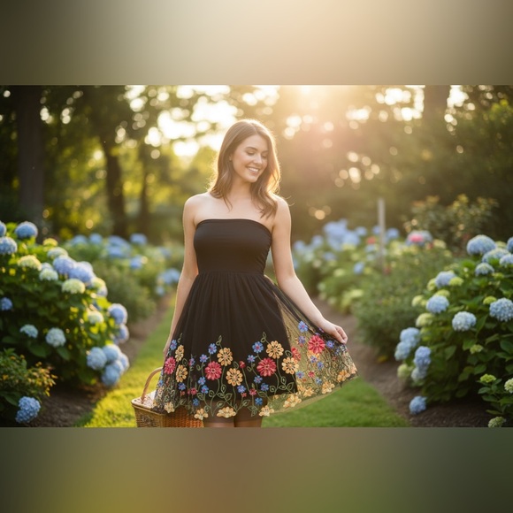 🤩3/15$🤩 Floral Embroidered Black Strapless Tulle Dress - Picture 4 of 4